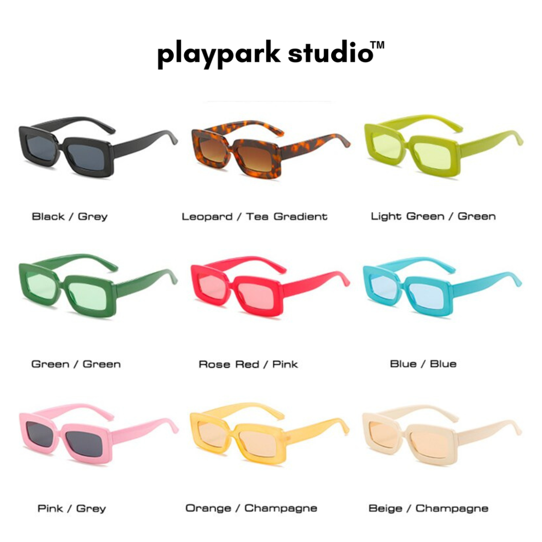 Playpark Alexa Sunglasses full colour range, black, leopard, green, red, pink, beige and yellow sunglasses frames. 